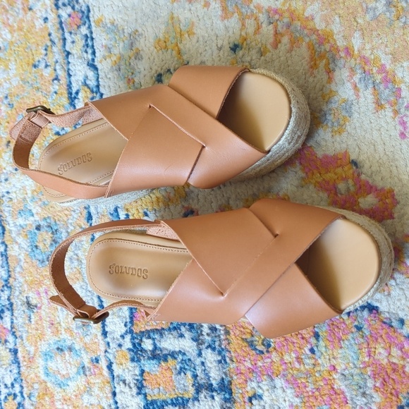Soludos Amalfi Leather Criss Cross Espadrille Platform Heeled Sandals Nude Tan 7 - Picture 1 of 16